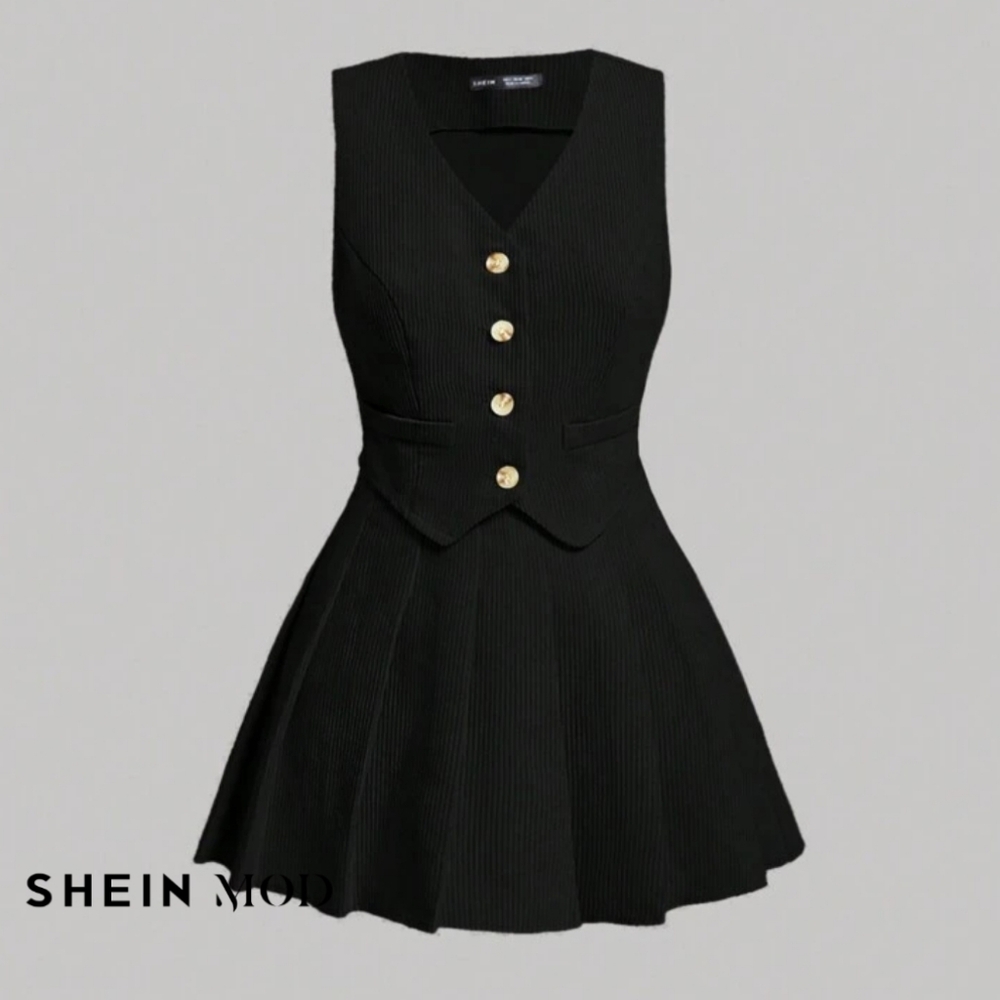 SHEIN Curve Women's 3X Mod Single Breasted Vest & Pleated Skirt Set NEW